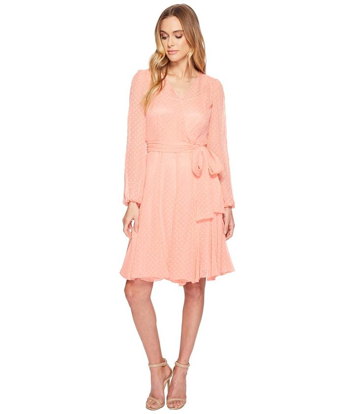 Tahari By Asl Split-sleeve Wrap Swiss Dot Dress (soft Coral) Women's Dress