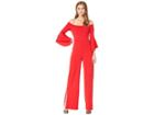 Bebe Off The Shoulder Bell Sleeve Jumpsuit With Slit (red) Women's Jumpsuit & Rompers One Piece