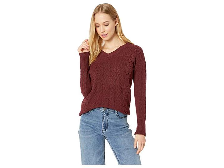 Pink Rose Long Sleeve V-neck Pullover Cable Sweater W/ Lace-up Side (burgundy Bloom) Women's Sweater