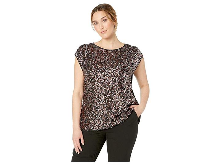 Vince Camuto Specialty Size Plus Size Extend Shoulder Multi-sequin Mesh Mix Media Blouse (sweet Coral) Women's Blouse