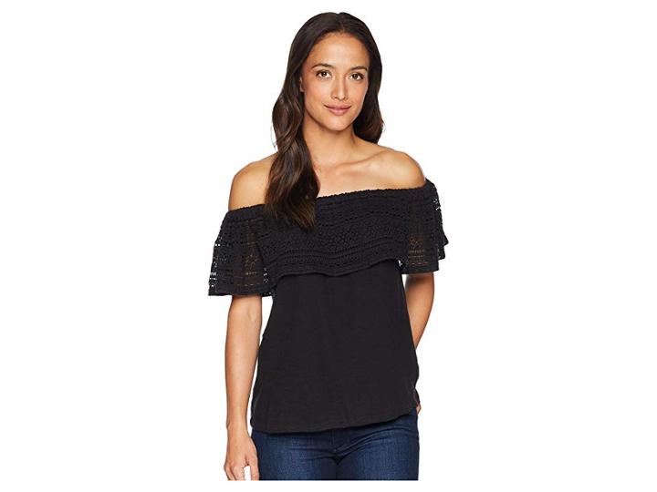 Lucky Brand Crochet Off Shoulder Top (lucky Black) Women's Short Sleeve Pullover