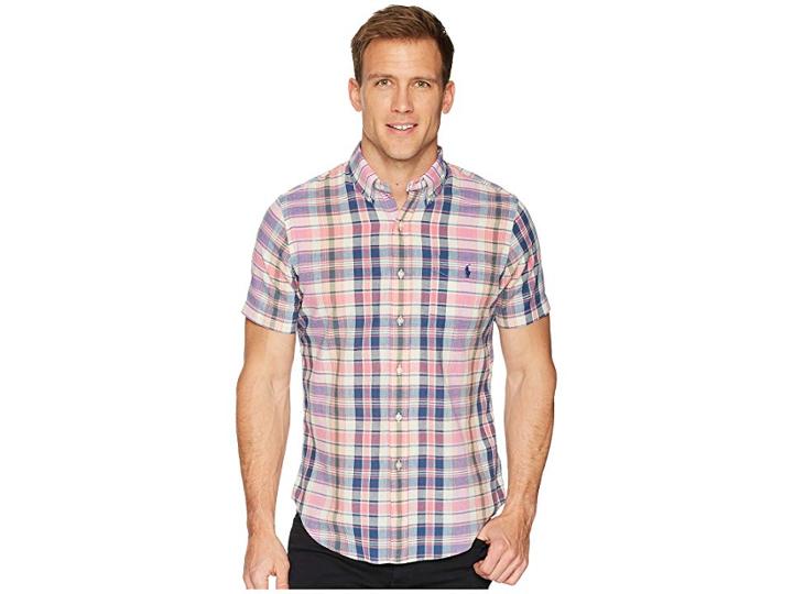 Polo Ralph Lauren Madras Short Sleeve Sport Shirt (pink/indigo) Men's Clothing