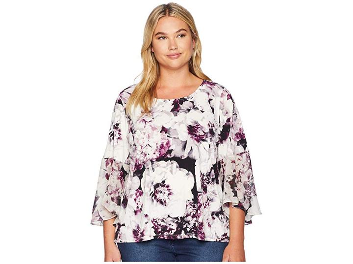 Calvin Klein Plus Plus Size 3/4 Sleeve Top W/ Chiffon Cuff (aubergine/black) Women's Clothing