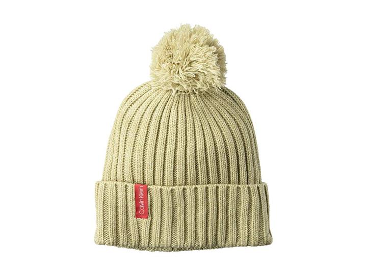 Calvin Klein Basic Rib Pom Hat (heathered Almond) Caps