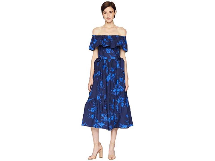 Kate Spade New York Hibiscus Off Shoulder Dress (french Navy) Women's Dress