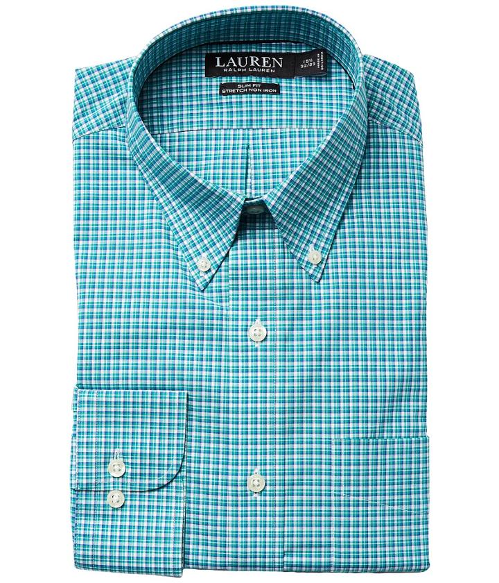 Lauren Ralph Lauren Slim Fit Non Iron Broadcloth Plaid Button Down Collar Dress Shirt (green) Men's Long Sleeve Button Up