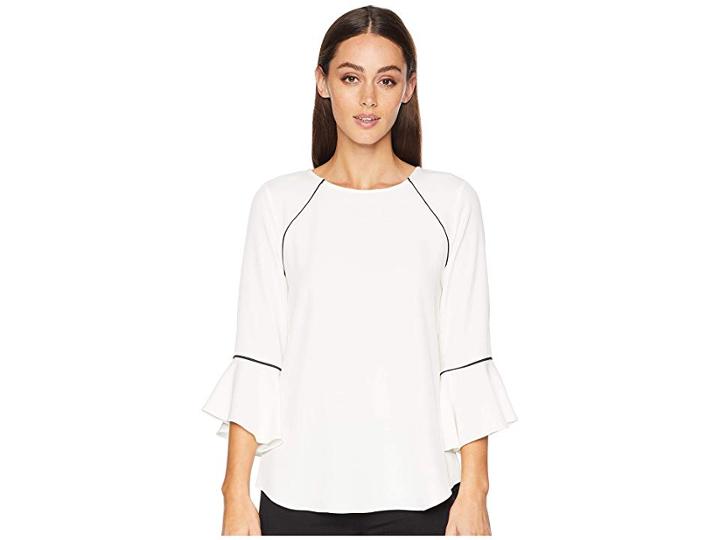 Calvin Klein Crew Neck Blouse W/ Flare Sleeve And Piping (soft White) Women's Blouse
