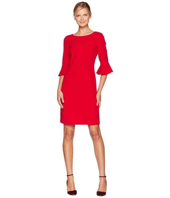 Nine West Drapey Crepe 3/4 Ruffle Sleeve A-line Dress (crimson) Women's Dress