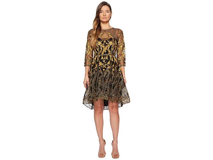 Marchesa 3/4 Length Sleeve Embroidered Hi-lo Cocktail W/ Metallic Lace Trim (black) Women's Dress