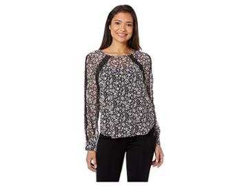 Two By Vince Camuto Long Sleeve Poetic Ditsy Blouse With Crochet Trim (soft Black) Women's Blouse