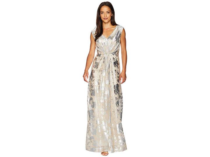 Tahari By Asl Novelty Stretch Gown With Waist Detail (champagne/silver) Women's Dress