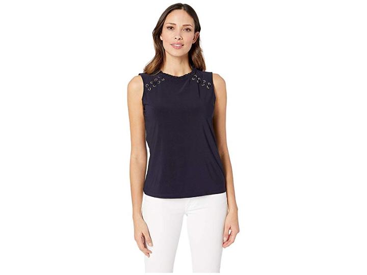 Tommy Hilfiger Ruffle Neck Lace-up Sleeveless Top (midnight) Women's Blouse