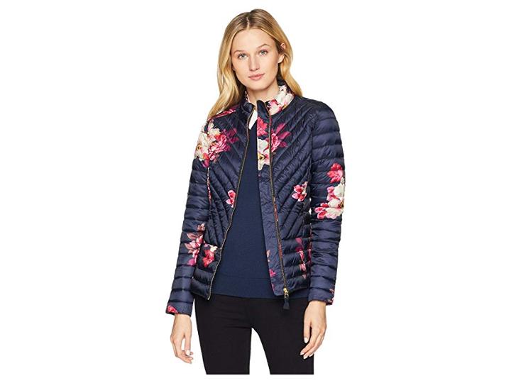 Joules Elodie Printed Chevron Quilted Jacket (marine Navy Birchman Bloom) Women's Coat