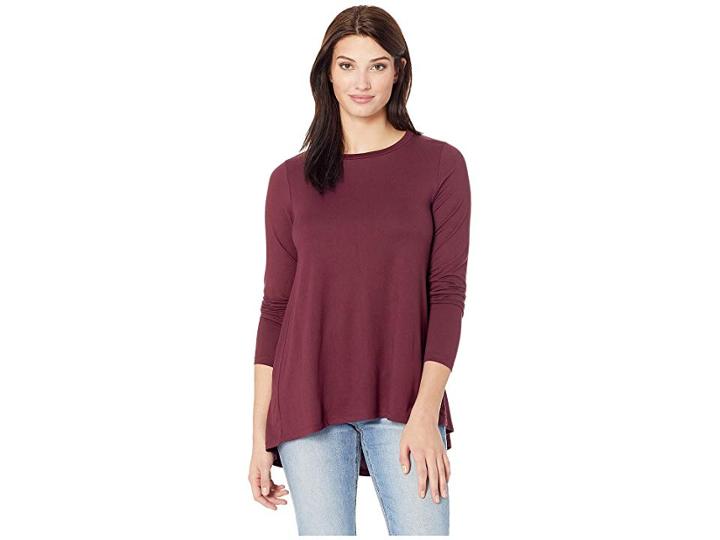 Bobeau Long Sleeve Stripe High-low Inverted Pleat (port Royale) Women's Clothing