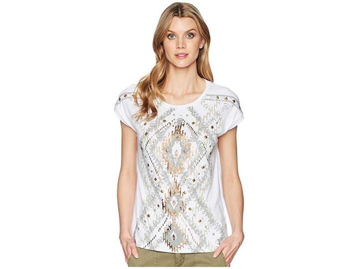 Tribal Jersey Cap Sleeve Top With Beaded Detail (white) Women's T Shirt