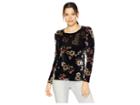 Vince Camuto Long Sleeve Crew Neck Floral Story Velvet Top (rich Black) Women's Clothing