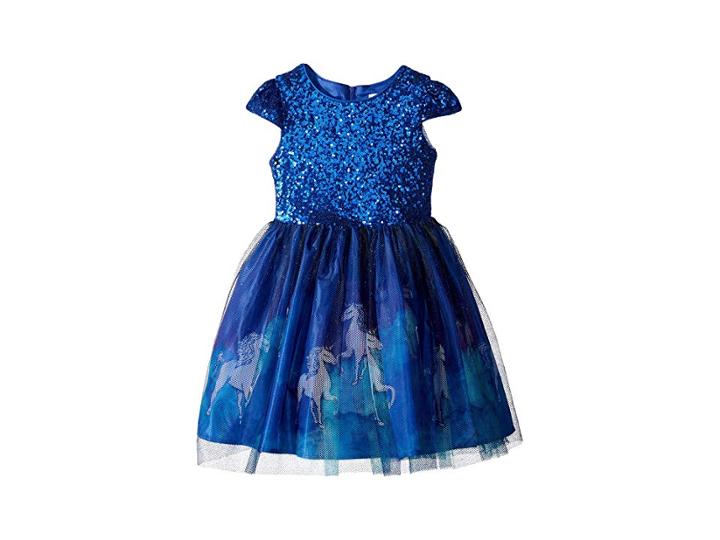 Us Angels Cap Sleeve Lace Dress W/ Unicorn Print (little Kids) (blue) Girl's Dress
