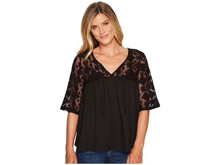 Cruel 3/4 Sleeve Mesh Lace And Chiffon Top (black) Women's Blouse