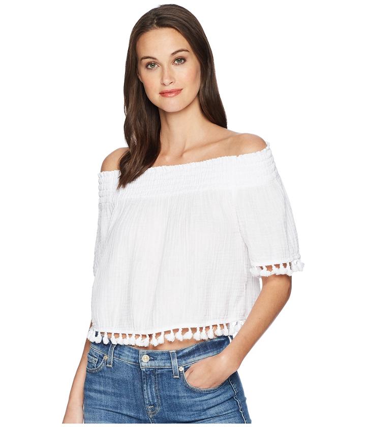 Michael Stars Double Gauze Short Sleeve Smocked Cropped Top With Tassels (white) Women's Clothing