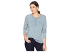 Dylan By True Grit Washed Indigo Classic Stripe Long Sleeve Button Henley With Side Rib Inset (faded Denim) Women's Clothing