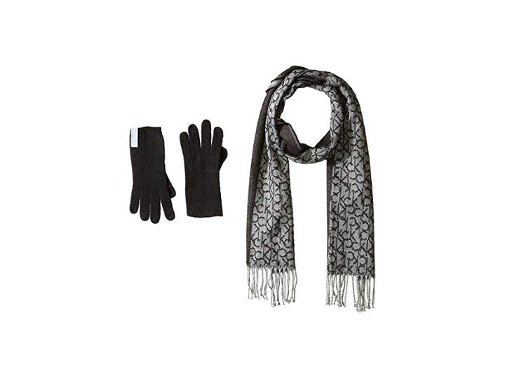 Calvin Klein Two-piece Woven Border Scarf, Knit Touch Gloves (black) Scarves