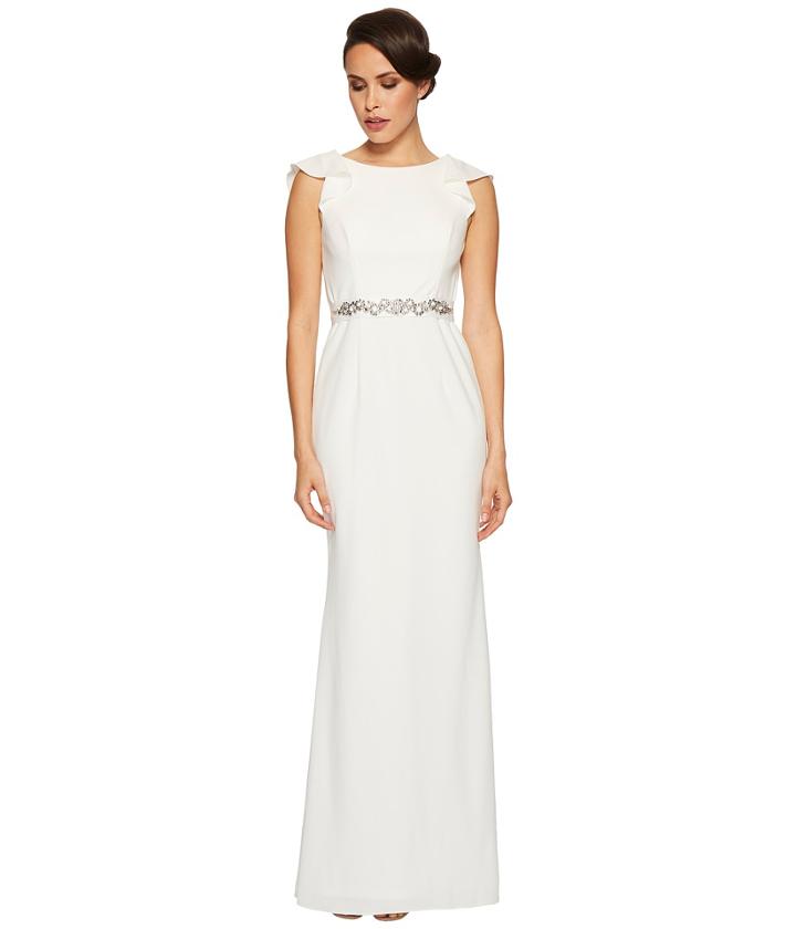 Adrianna Papell Fluttered Short Sleeve Beaded Crepe Gown (ivory) Women's Dress