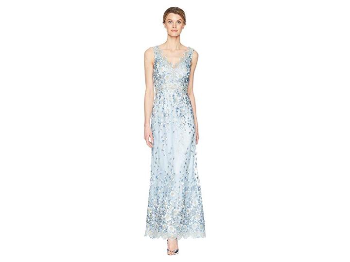 Tahari By Asl Embroidered Sleeveless Gown (ice Blue/gold) Women's Dress