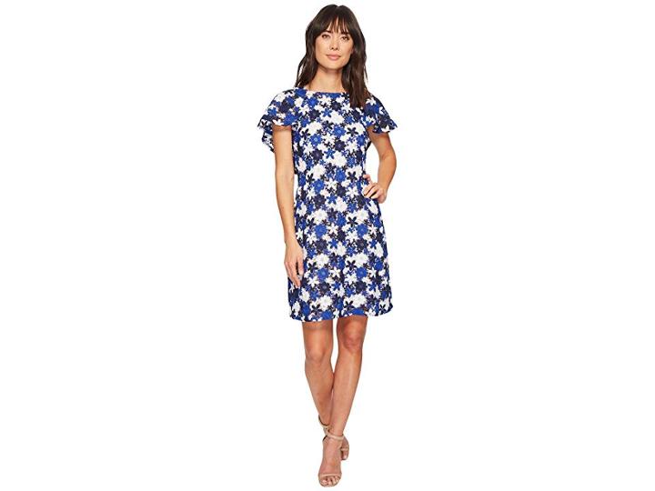Calvin Klein Flutter Sleeve A-line Lace Dress Cd8l16kl (regatta/white Multi) Women's Dress
