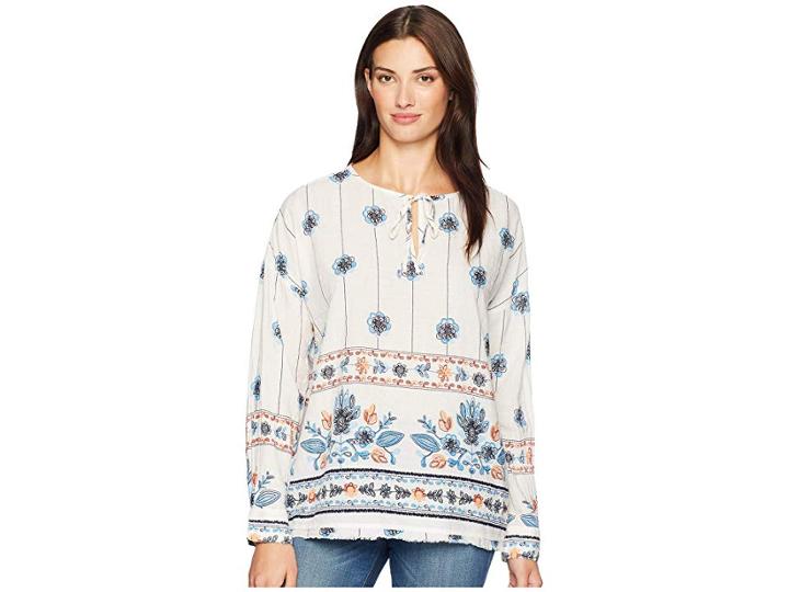 Dylan By True Grit Floral Print Long Sleeve Pullover With Fringed Hem (white) Women's Long Sleeve Pullover