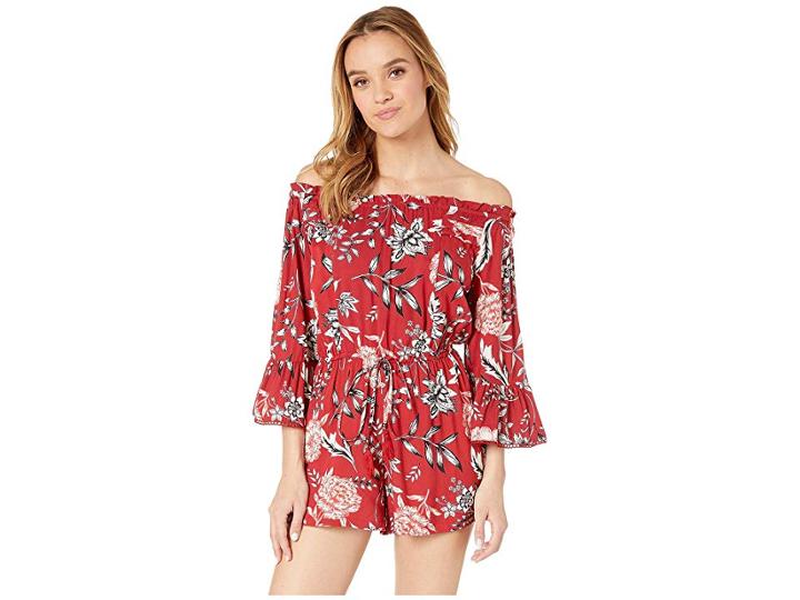 Angie Off The Shoulder Floral Print Romper (red) Women's Jumpsuit & Rompers One Piece