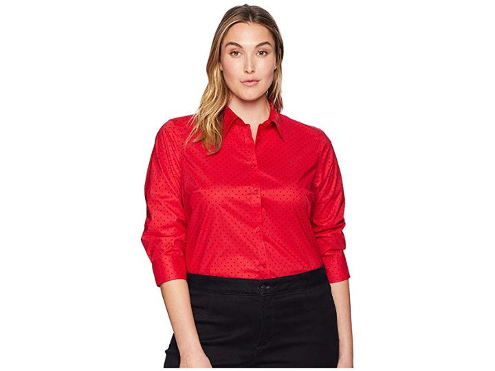 Lauren Ralph Lauren Plus Size No-iron Button Down Shirt (crimson/navy) Women's Clothing