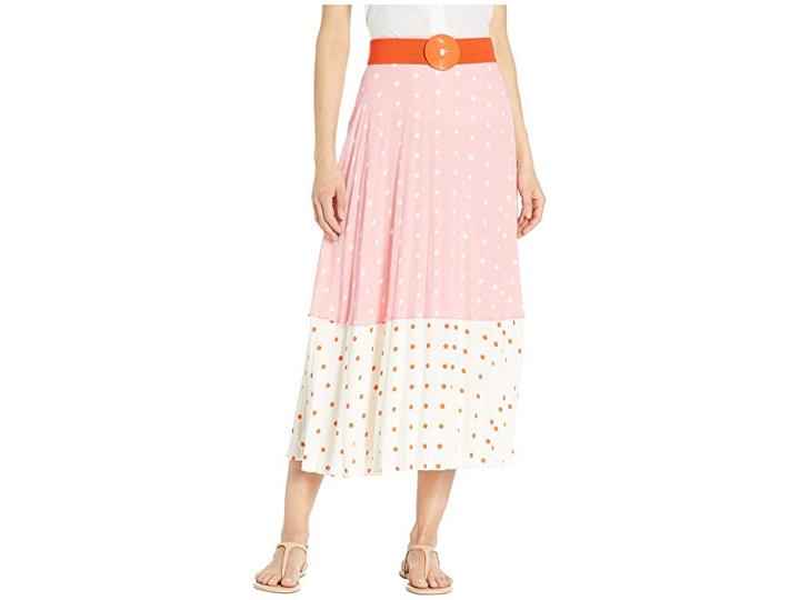 Juicy Couture All Over Dot Pleated Midi Skirt (sorbet Pink Polka Dot) Women's Skirt