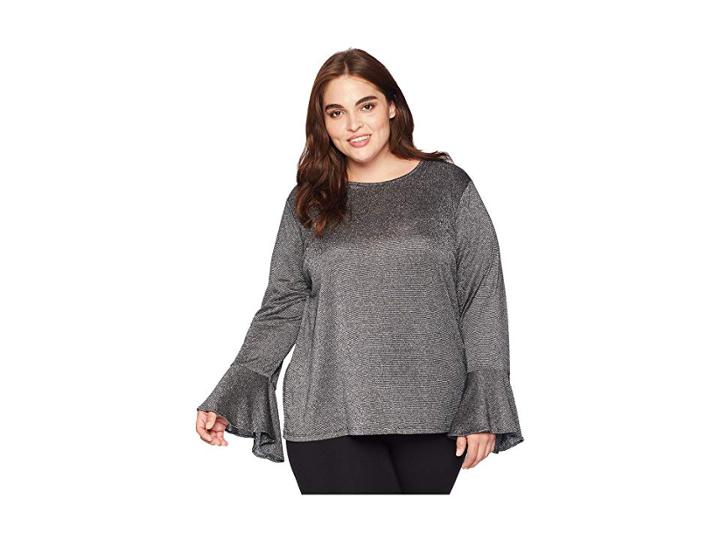 Michael Michael Kors Plus Size Long Sleeve Bell Sleeve Top (black/silver) Women's Clothing