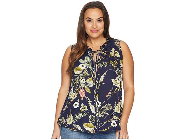 B Collection By Bobeau Plus Size Dahlia Printed Blouse (blue Floral) Women's Blouse