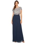 Adrianna Papell Long Beaded Blouson Gown With Geo Bead Motif (silver/navy) Women's Dress