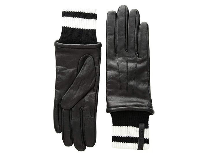 Calvin Klein Leather Gloves W/ Striped Knit Cuff (black) Extreme Cold Weather Gloves