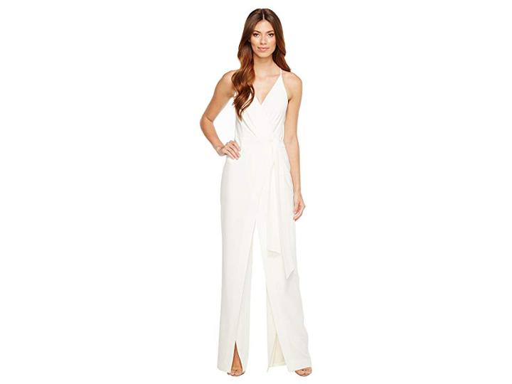 Halston Heritage Sleeveless Deep V-neck Faux Wrap Jumpsuit W/ Sash (chalk) Women's Jumpsuit & Rompers One Piece