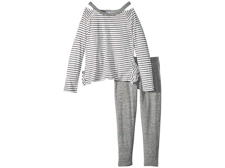 Splendid Littles Cut Out Neckline T-shirt Set (little Kids) (off-white Stripe) Girl's Active Sets