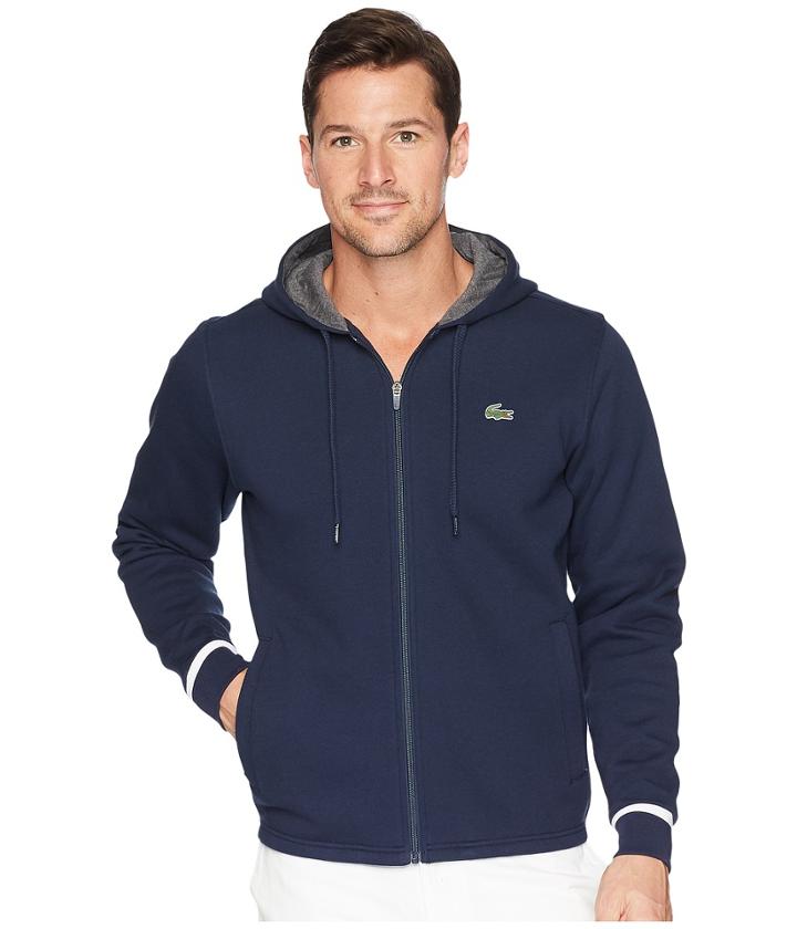 Lacoste Long Sleeve Molleton Gratte Hoodie W/ Novak Graphic On Back (navy Blue/white) Men's Sweatshirt