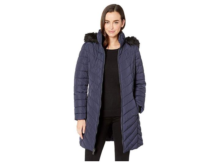 Kenneth Cole New York 3/4 Chevron Quilted Puffer W/ Faux Fur Hood (navy) Women's Coat