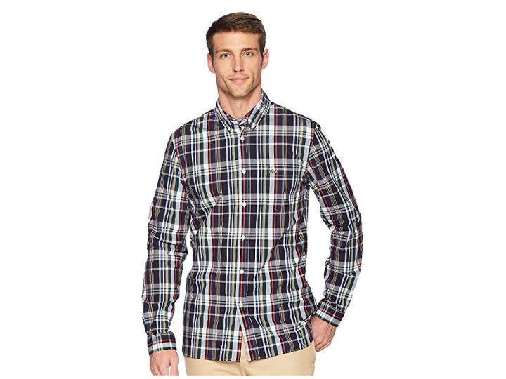 Lacoste Long Sleeve Slim Fit Poplin Stretch Casual Button Down W/ Plaid Print (aconit/multico) Men's Sweater