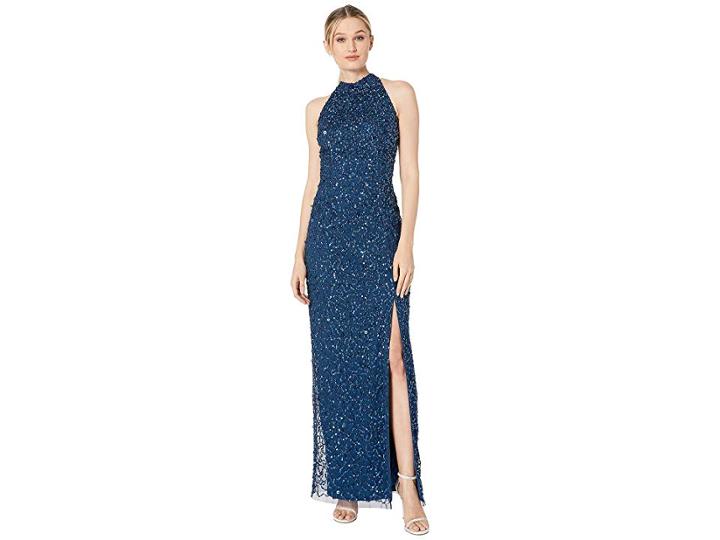 Adrianna Papell Beaded Column Halter Evening Gown (deep Blue) Women's Dress