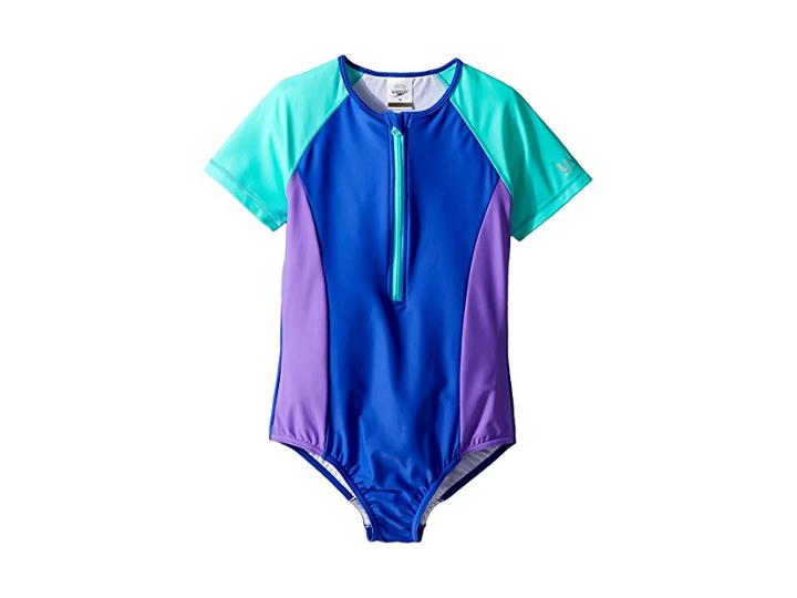 Speedo Kids Short Sleeve Zip One-piece Swimsuit (big Kids) (dark Peri) Girl's Swimsuits One Piece
