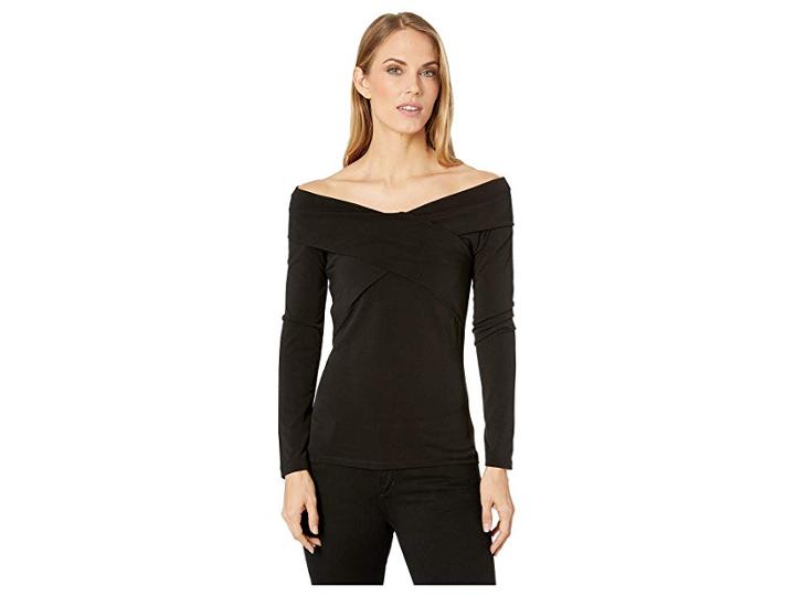 Michael Michael Kors Over The Shoulder Cross Long Sleeve Top (black) Women's Clothing