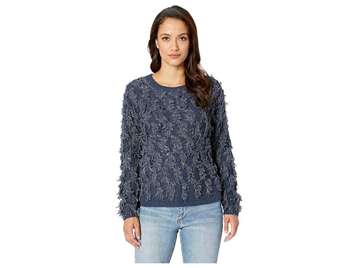 Two By Vince Camuto Long Sleeve Crew Neck Fringe Sweater (indigo Night Heather) Women's Sweater