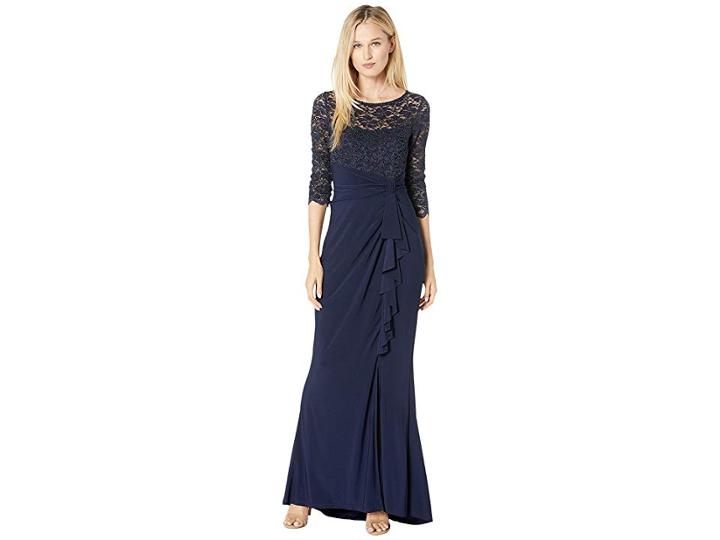 Marina Long Slim 3/4 Sleeve Dress With Cascade Ruffle (navy) Women's Dress