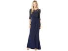 Marina Long Slim 3/4 Sleeve Dress With Cascade Ruffle (navy) Women's Dress