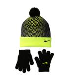 Nike Kids Graphic Pom Beanie Gloves Set (big Kids) (black/volt) Beanies
