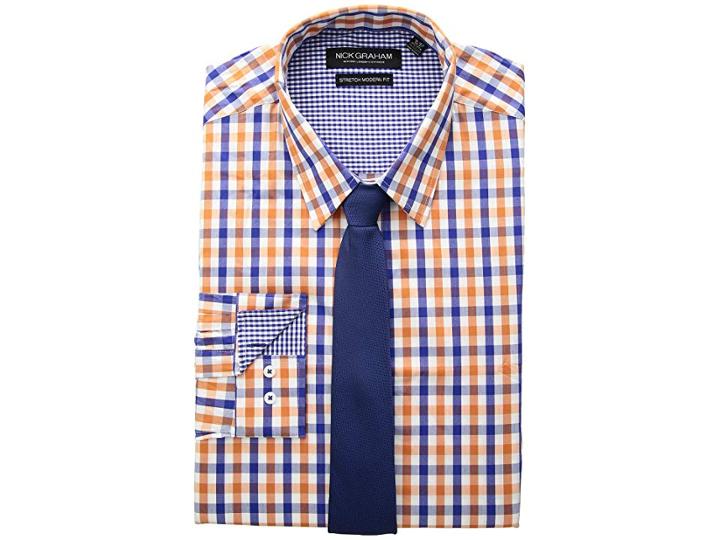 Nick Graham Multi Gingham Check Stretch Shirt With Micro Solid Dobby Tie (orange) Men's Long Sleeve Button Up