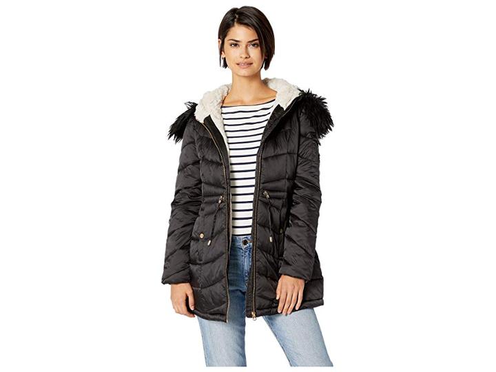 Jessica Simpson Quilted Hooded Jacket W/ Tie Waist (black) Women's Coat